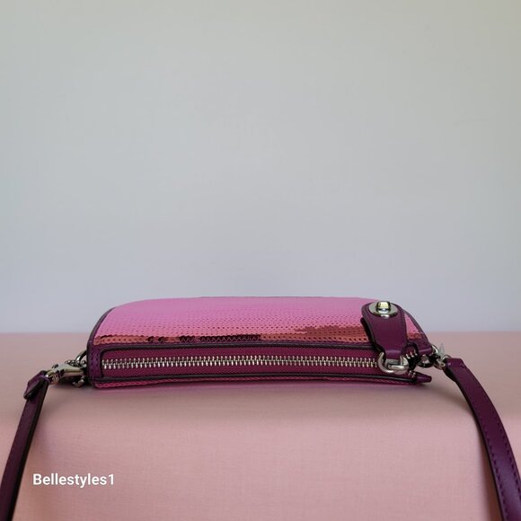 COACH Penn Sequined & Smooth Leather Small Shoulder Bag - Dark Magenta⭐ - Picture 12 of 16